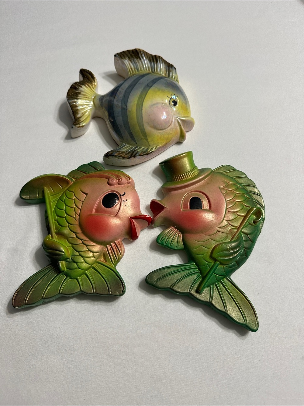 Green & Pink Decorative Fish Wall Plaques - Set of 3. 1969 Miller studio